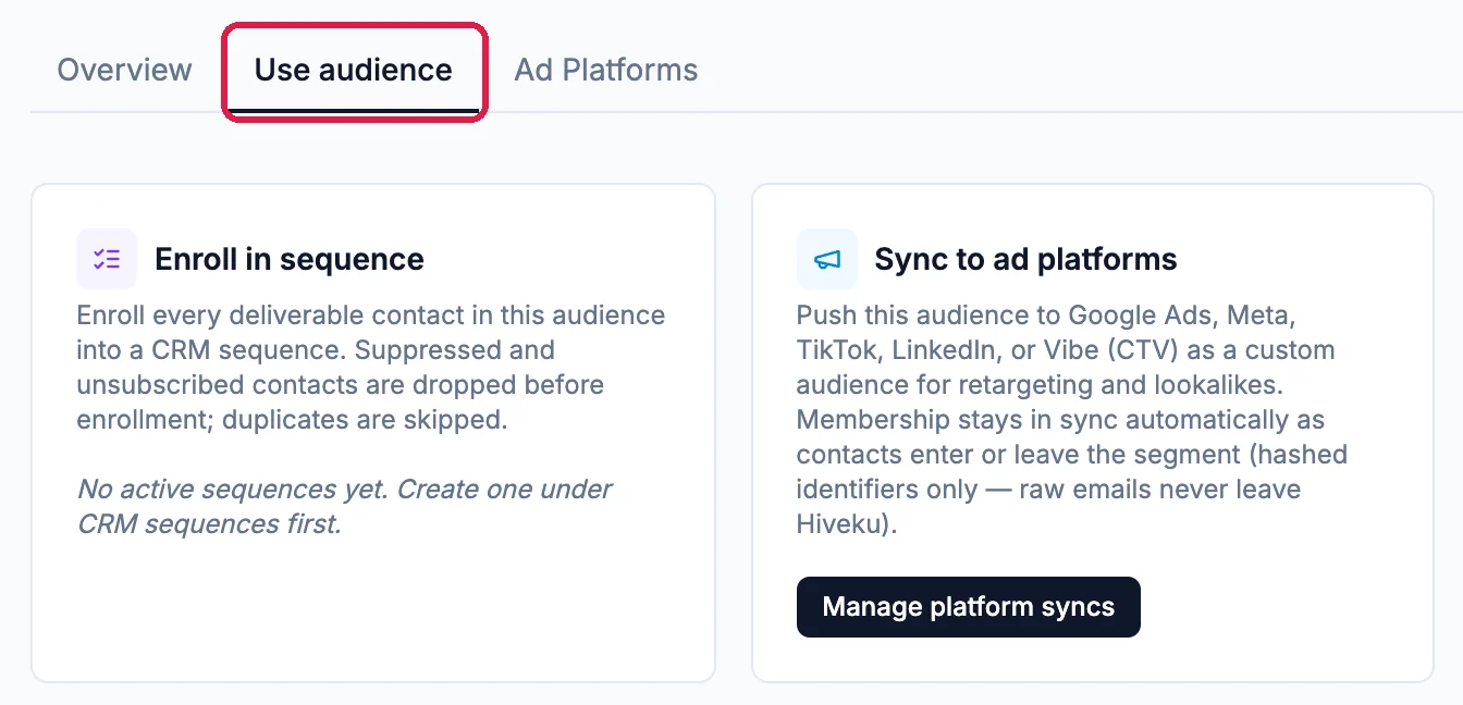 The Use audience tab outlined, with Enroll in sequence and Sync to ad platforms with its Manage platform syncs button