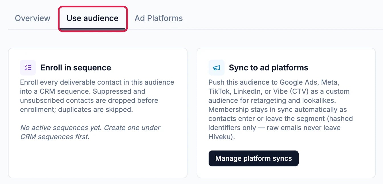 The Use audience tab outlined, with Enroll in sequence and Sync to ad platforms with its Manage platform syncs button