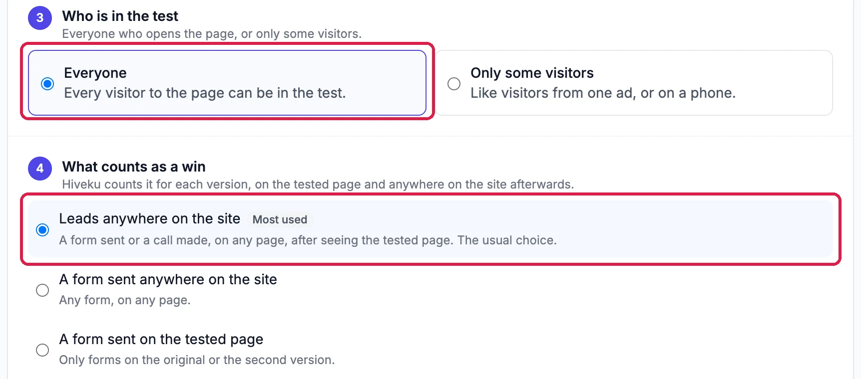 3 Who is in the test: Everyone, Every visitor to the page can be in the test, selected and outlined, and Only some visitors; 4 What counts as a win: Leads anywhere on the site, Most used, A form sent or a call made, on any page, after seeing the tested page, selected and outlined; then A form sent anywhere on the site and A form sent on the tested page