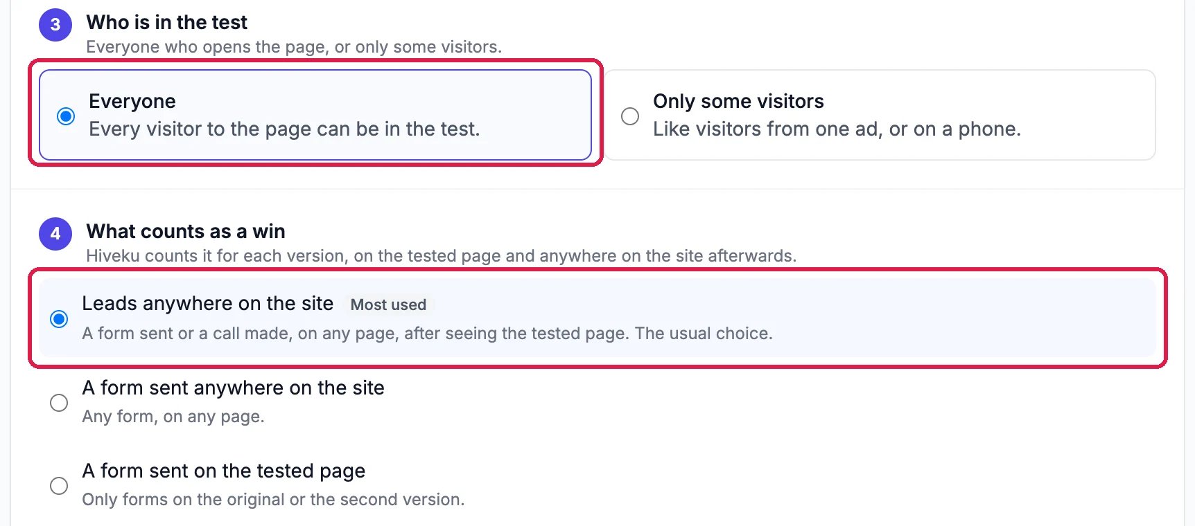 3 Who is in the test: Everyone, Every visitor to the page can be in the test, selected and outlined, and Only some visitors; 4 What counts as a win: Leads anywhere on the site, Most used, A form sent or a call made, on any page, after seeing the tested page, selected and outlined; then A form sent anywhere on the site and A form sent on the tested page