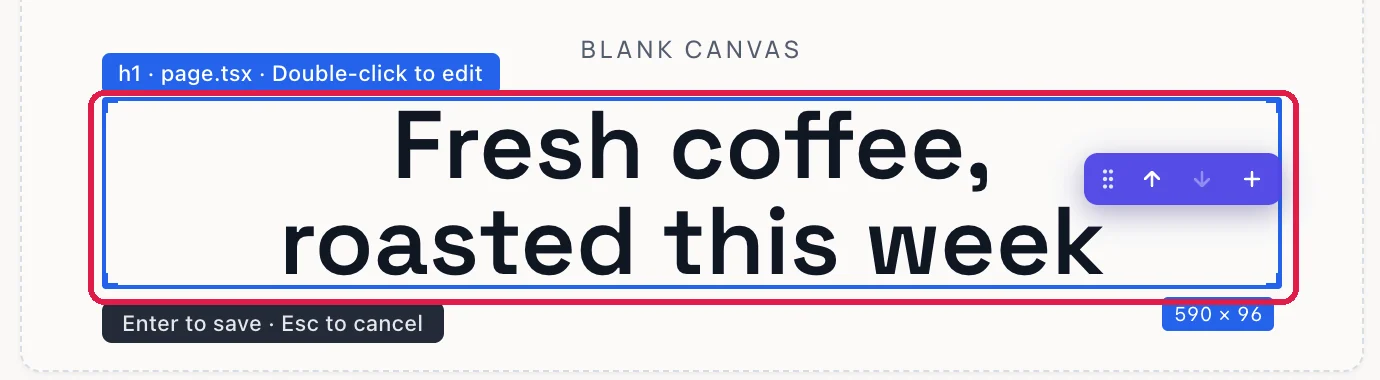 The heading on /home-b being edited in place, now Fresh coffee, roasted this week, outlined, with Enter to save, Esc to cancel