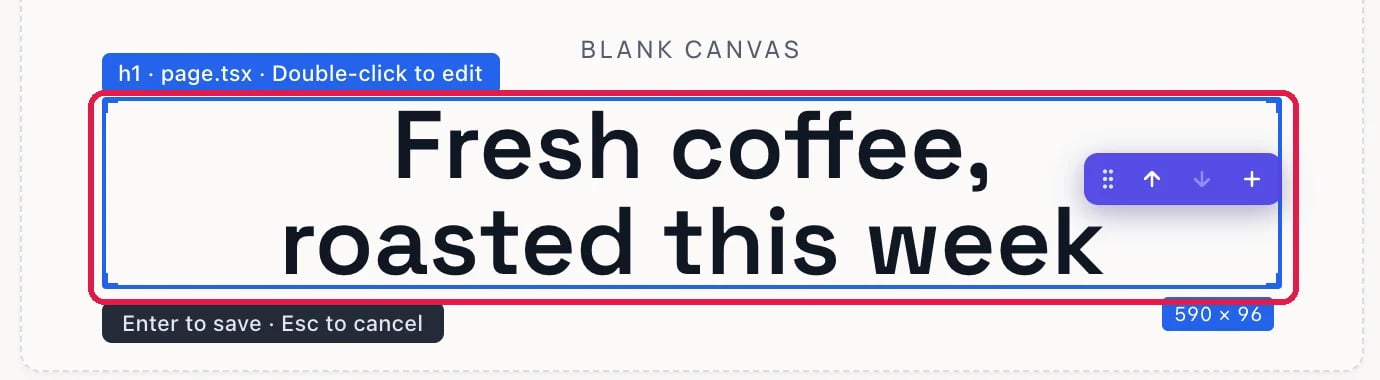The heading on /home-b being edited in place, now Fresh coffee, roasted this week, outlined, with Enter to save, Esc to cancel