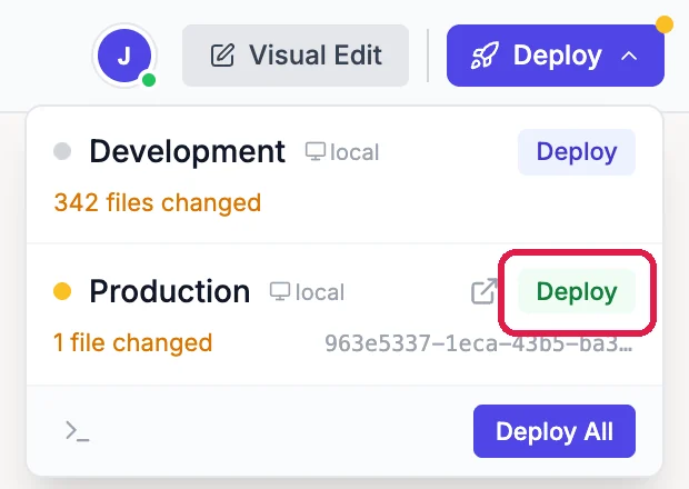 The Deploy menu: Development, and Production with 1 file changed and its Deploy button, outlined; and Deploy All