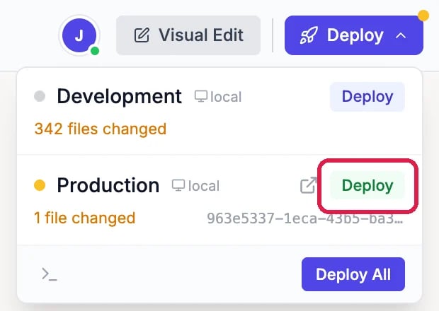 The Deploy menu: Development, and Production with 1 file changed and its Deploy button, outlined; and Deploy All