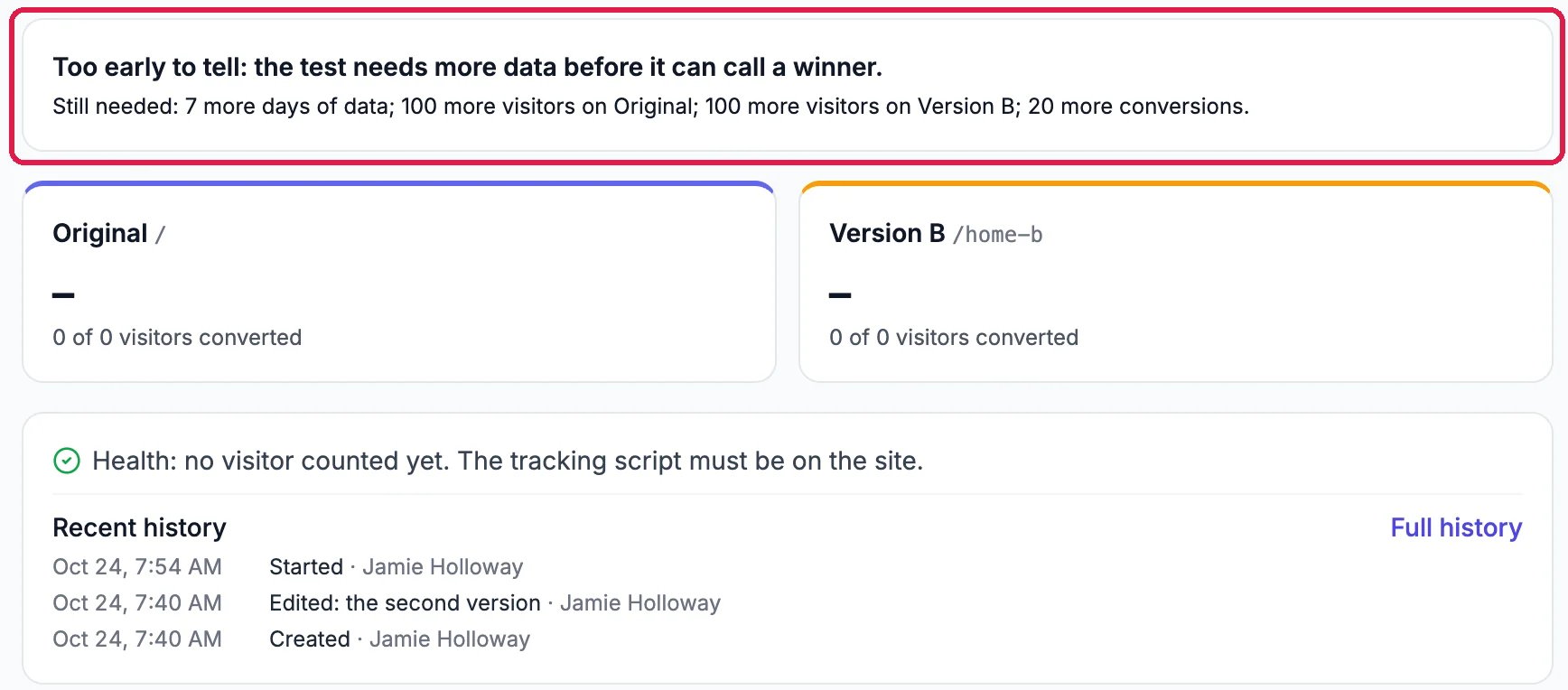 Too early to tell: the test needs more data before it can call a winner. Still needed: 7 more days of data; 100 more visitors on Original; 100 more visitors on Version B; 20 more conversions, outlined; the cards Original / and Version B /home-b, each 0 of 0 visitors converted; Health: no visitor counted yet; and Recent history: Started, Edited: the second version, Created