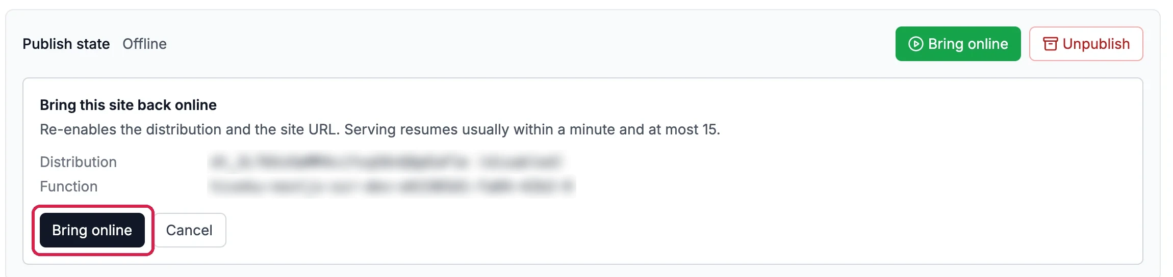 Publish state Offline; the card Bring this site back online: serving resumes usually within a minute and at most 15; two technical names, blurred; and Bring online, outlined, with Cancel