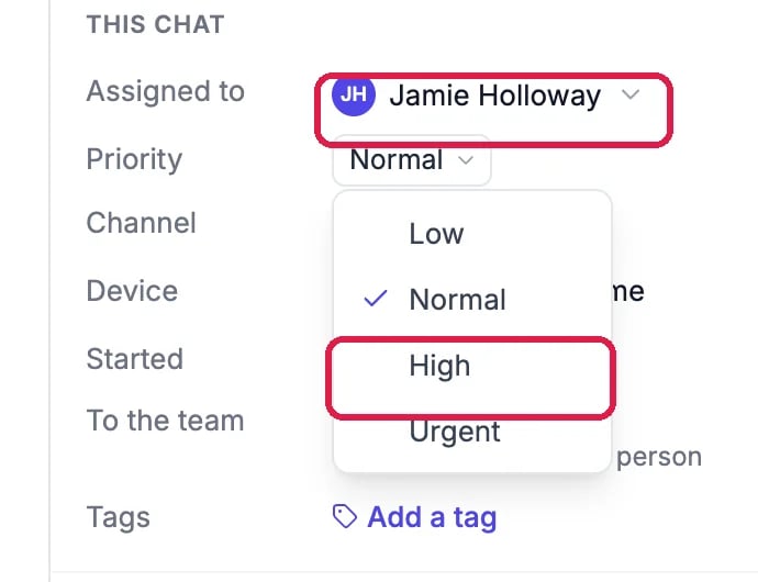 Assigned to Jamie Holloway, outlined, and the Priority menu open with Low, Normal ticked, High, outlined, and Urgent
