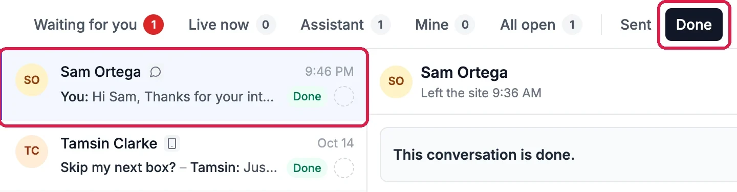 The Done tab, outlined, with Sam Ortega's conversation at the top of the list marked Done, outlined, and All open now showing 1