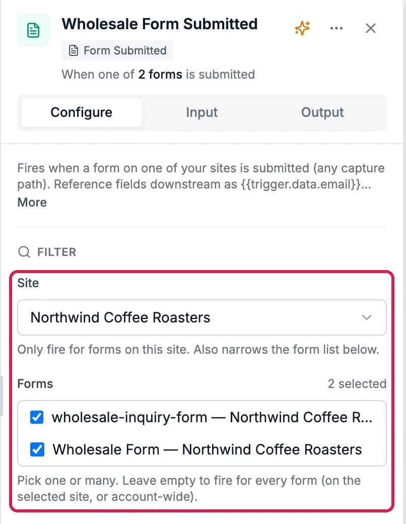 The Form Submitted settings: Site Northwind Coffee Roasters and two wholesale forms ticked, outlined