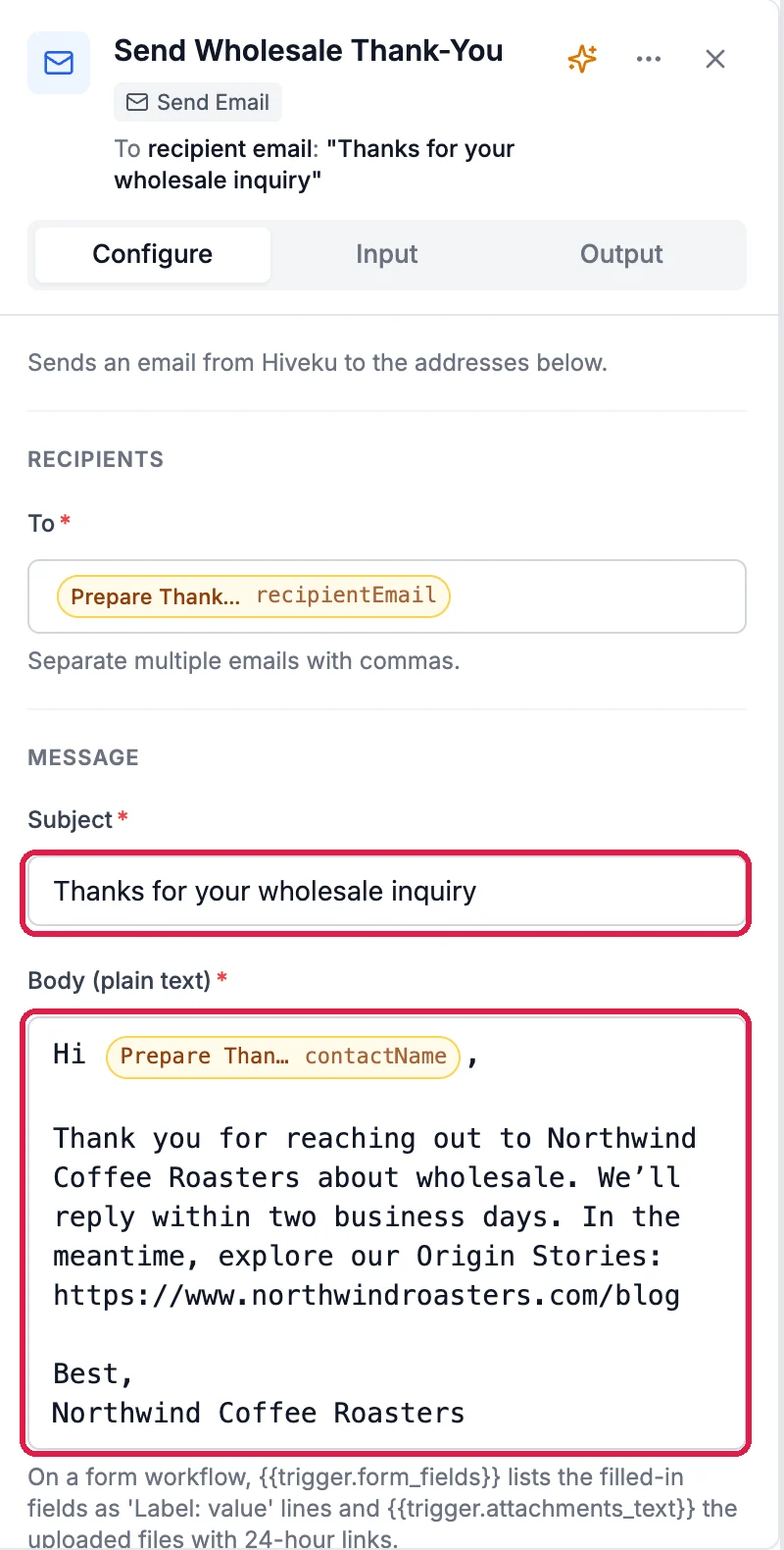 The Send Email settings with the Subject Thanks for your wholesale inquiry and the Body, outlined