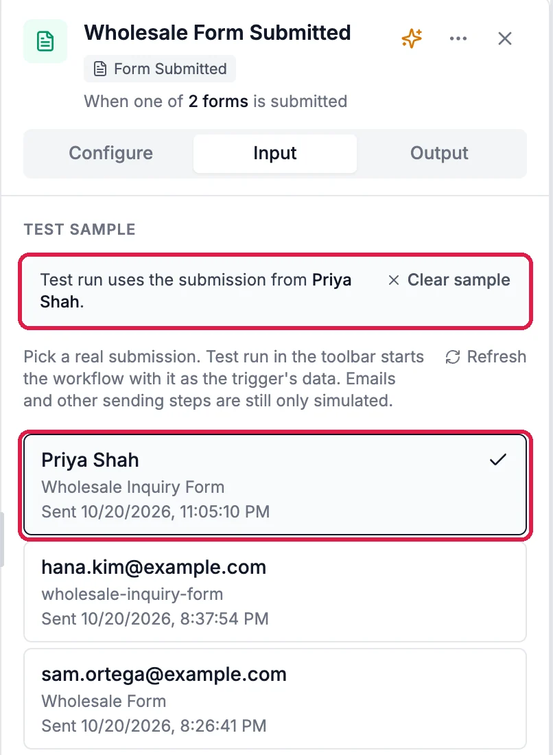 The trigger's Input tab: Test run uses the submission from Priya Shah, and her submission ticked in the list, both outlined
