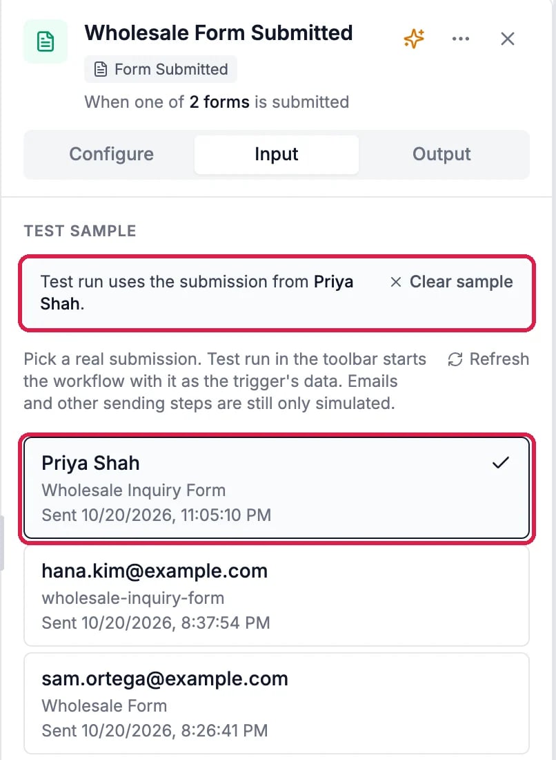 The trigger's Input tab: Test run uses the submission from Priya Shah, and her submission ticked in the list, both outlined