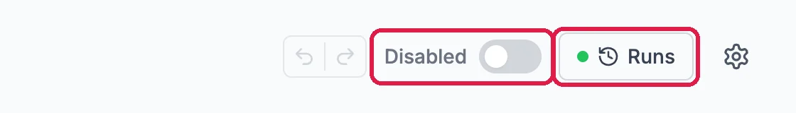 The workflow header with the on/off switch and the Runs button, outlined
