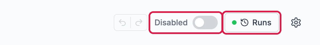 The workflow header with the on/off switch and the Runs button, outlined