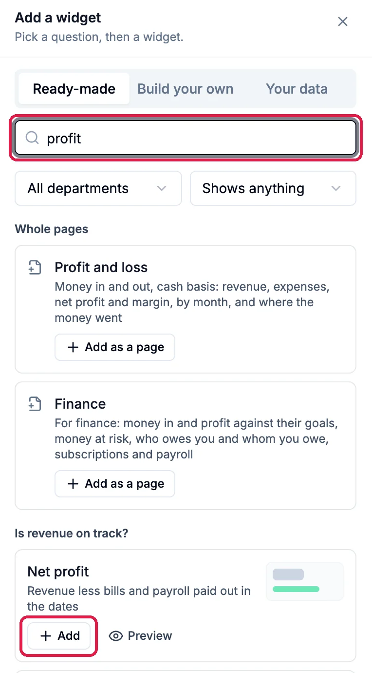 Add a widget: Ready-made, Build your own and Your data; Search widgets with profit typed, outlined; Whole pages Profit and loss and Finance with Add as a page; and under Is revenue on track?, Net profit with Add, outlined, and Preview