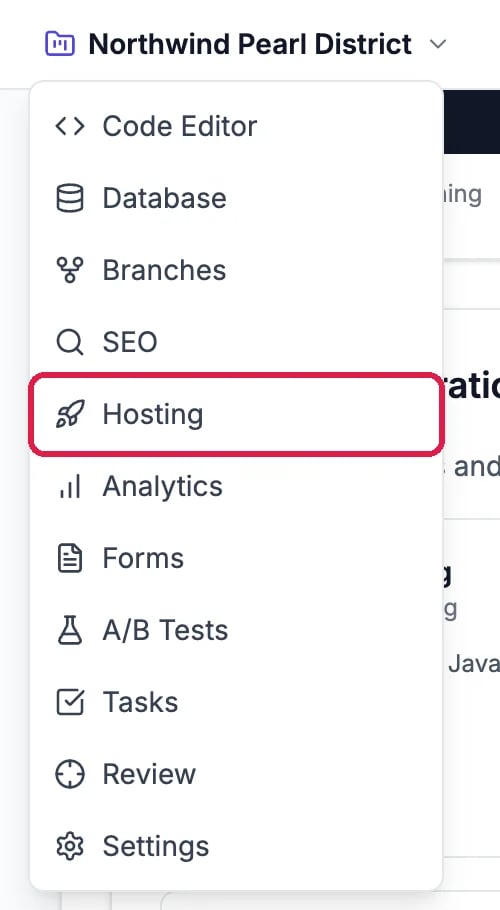 The site menu under Northwind Pearl District, with Hosting outlined among Code Editor, Database, Branches, SEO, Analytics, Forms, A/B Tests, Tasks, Review and Settings