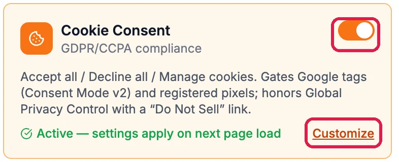 The Cookie Consent card, GDPR/CCPA compliance, with its switch on and outlined, Active, settings apply on next page load, and Customize outlined