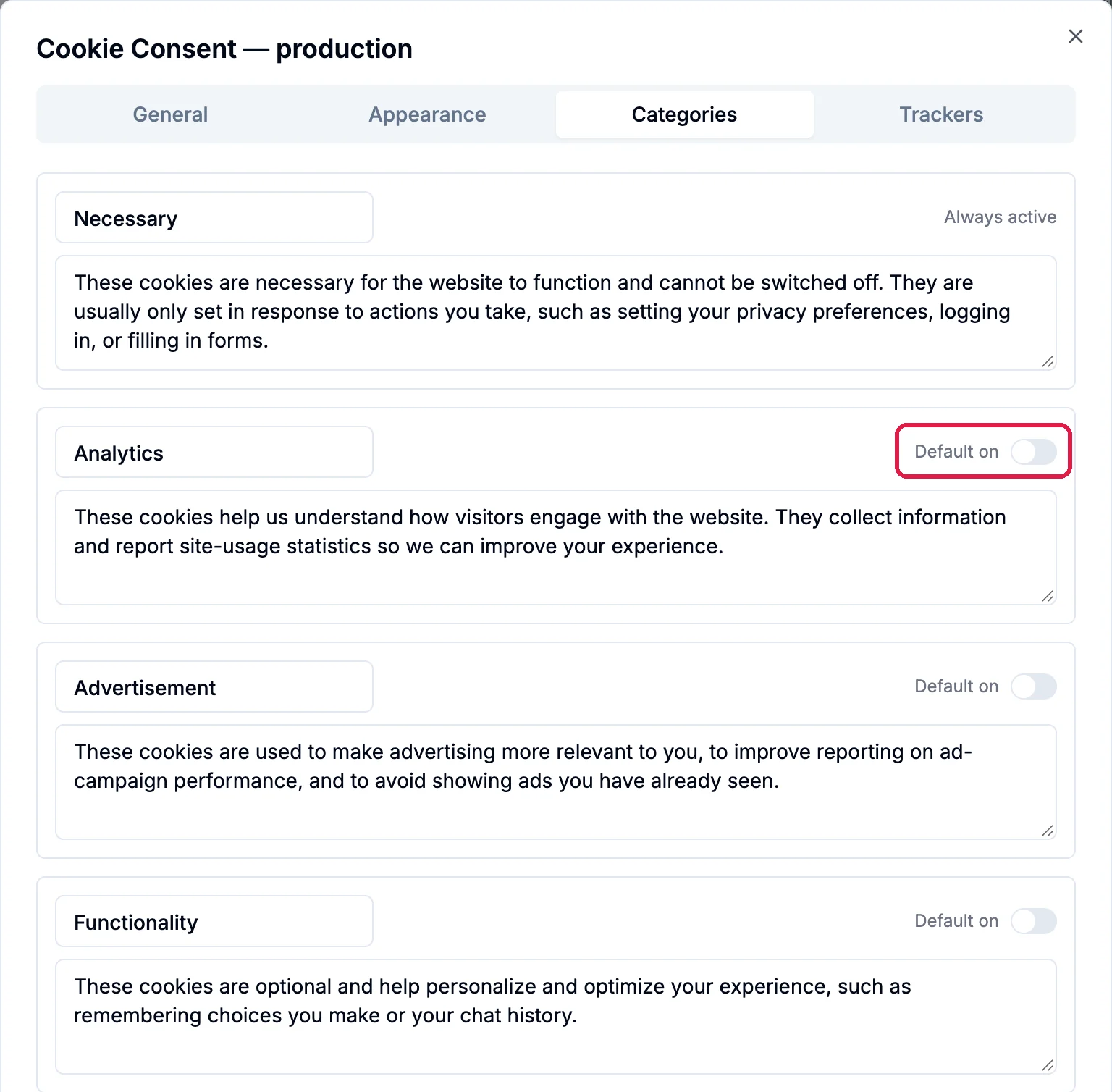 Categories tab: Necessary, Always active; Analytics, Advertisement and Functionality each with a Default on switch, off, and an editable description; the Analytics Default on switch is outlined