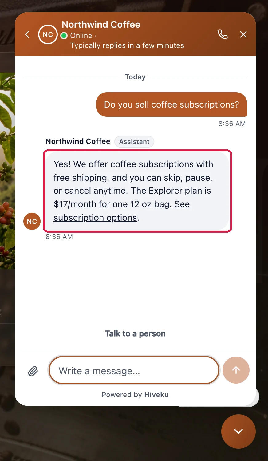 The visitor's question Do you sell coffee subscriptions? and the assistant's answer about free shipping and the 17 dollar Explorer plan, with a link to the subscription options, outlined
