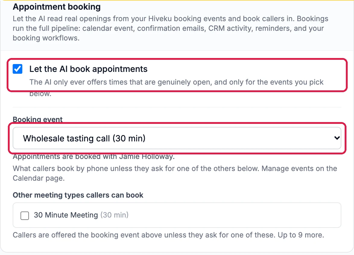 Appointment booking: Let the AI book appointments, ticked and outlined; Booking event Wholesale tasting call (30 min), outlined, booked with Jamie Holloway; and Other meeting types callers can book, with 30 Minute Meeting unticked
