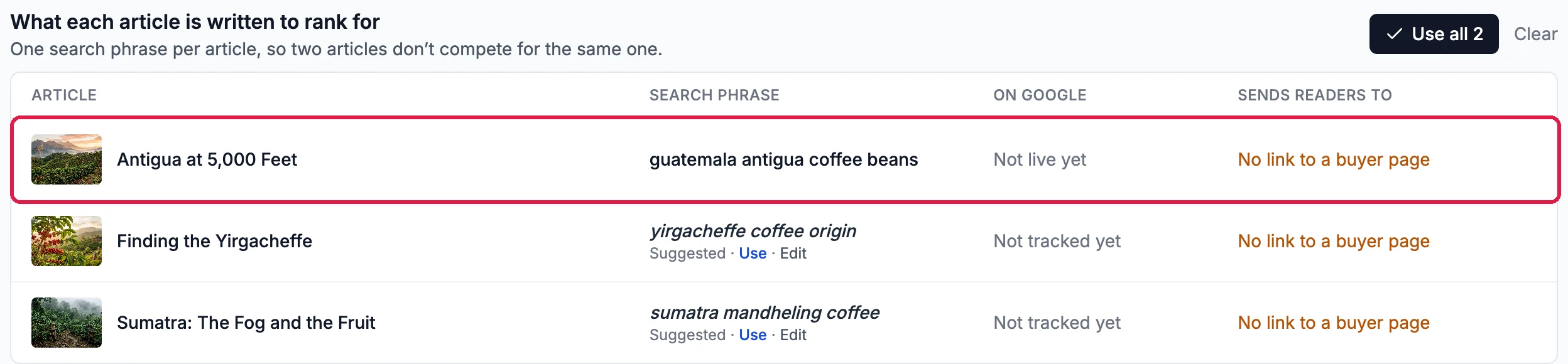 Antigua at 5,000 Feet with the search phrase guatemala antigua coffee beans, Not live yet, outlined; the other two still suggested