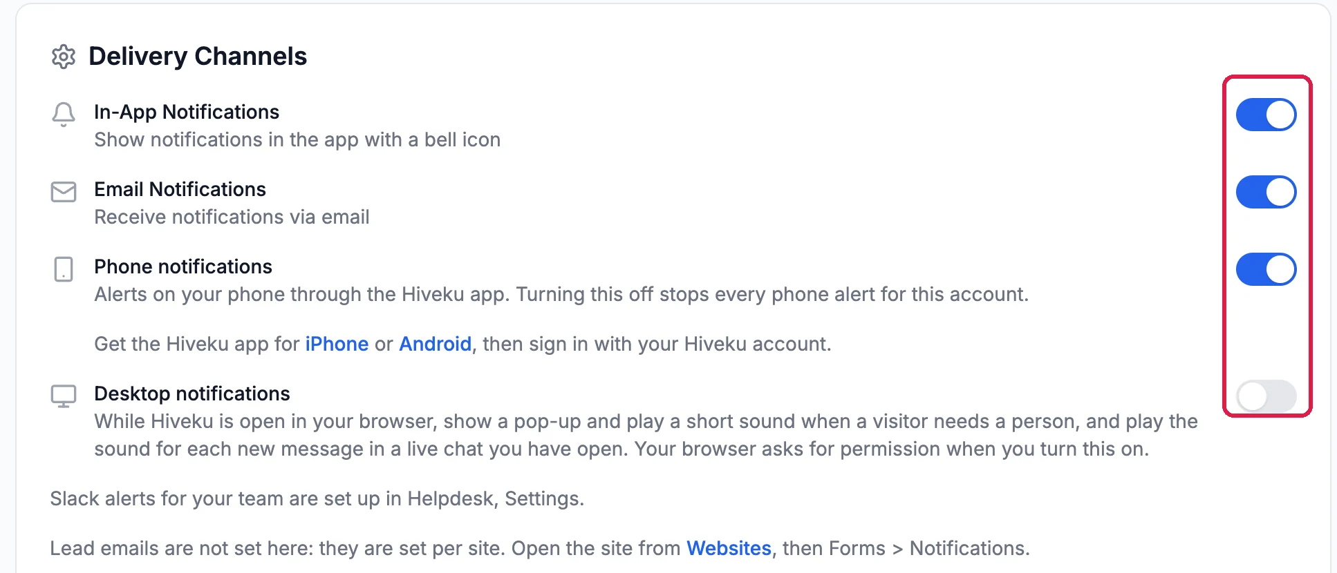 Delivery Channels: In-App Notifications, Email Notifications and Phone notifications switched on, and Desktop notifications switched off; the four switches outlined