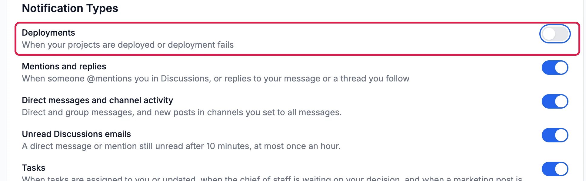 Notification Types with Deployments, When your projects are deployed or deployment fails, switched off and outlined; Mentions and replies, Direct messages and channel activity, Unread Discussions emails and Tasks still on