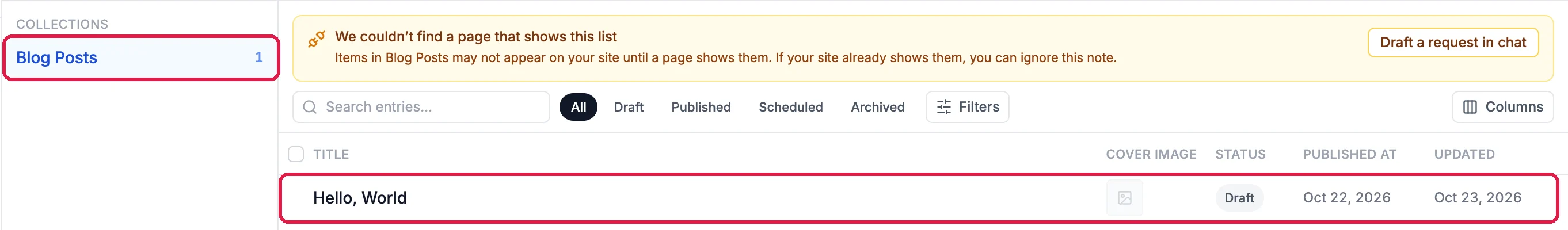 Collections: Blog Posts with 1 entry, outlined; the note We couldn't find a page that shows this list, with Draft a request in chat; and the entry Hello, World, Draft, outlined