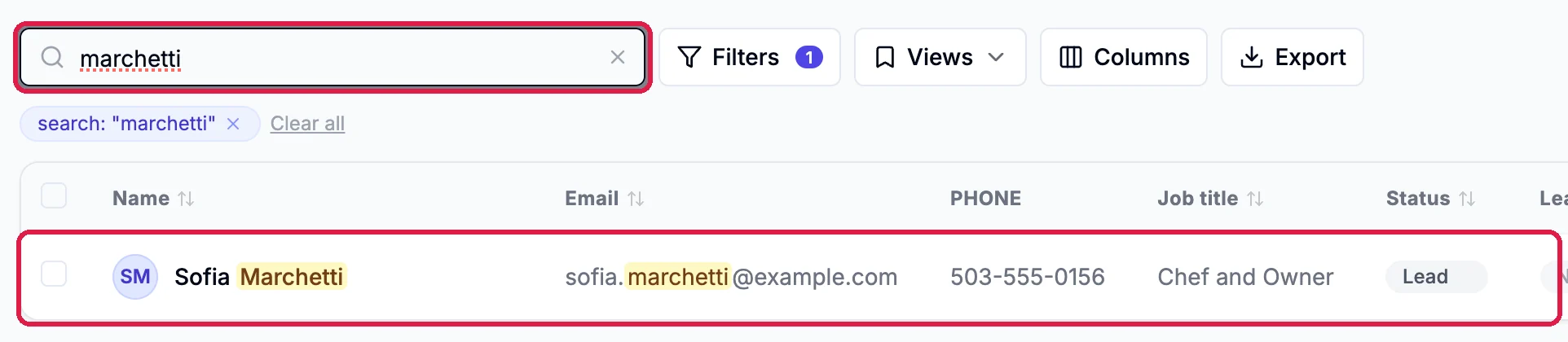Search name or email with marchetti typed, outlined, the chip search: marchetti, and the one match, Sofia Marchetti, sofia.marchetti@example.com, 503-555-0156, Chef and Owner, Lead, outlined