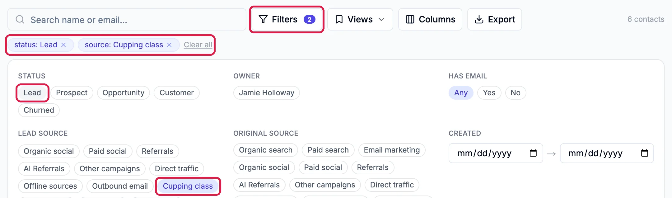 Filters with 2, outlined, the chips status: Lead and source: Cupping class with Clear all, outlined, 6 contacts, and the open panel with Lead outlined under Status and Cupping class outlined under Lead source