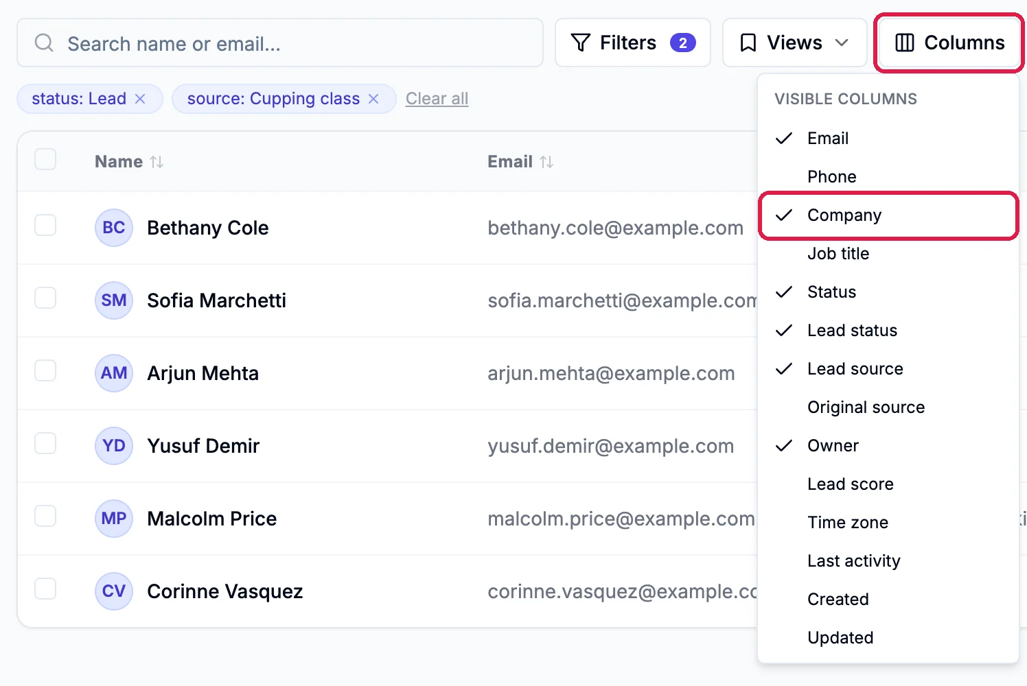 Columns open with Visible columns, Company ticked and outlined, and the six cupping class contacts in the list
