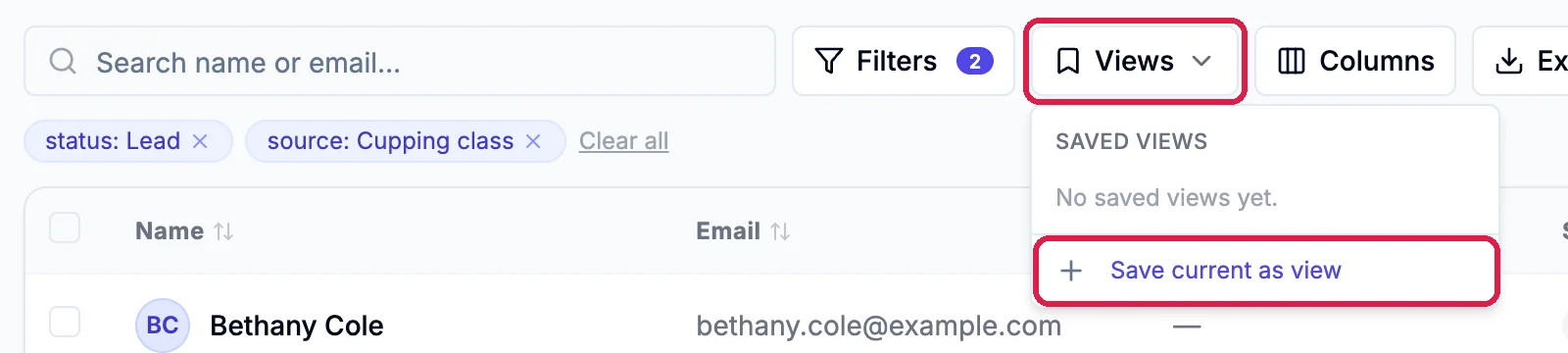 Views open, outlined, with Saved views, No saved views yet, and Save current as view outlined