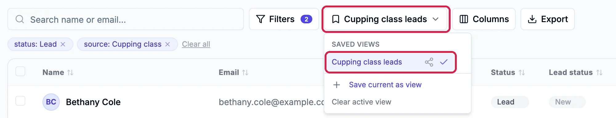 The Views button now reading Cupping class leads, outlined, and its menu with Cupping class leads, a share mark and a check, outlined, above Save current as view and Clear active view