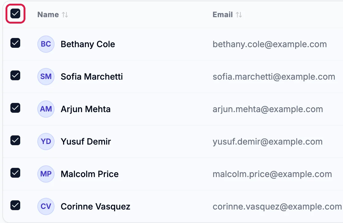 The select-all box at the top of the list, ticked and outlined, and the six contacts below it, each ticked