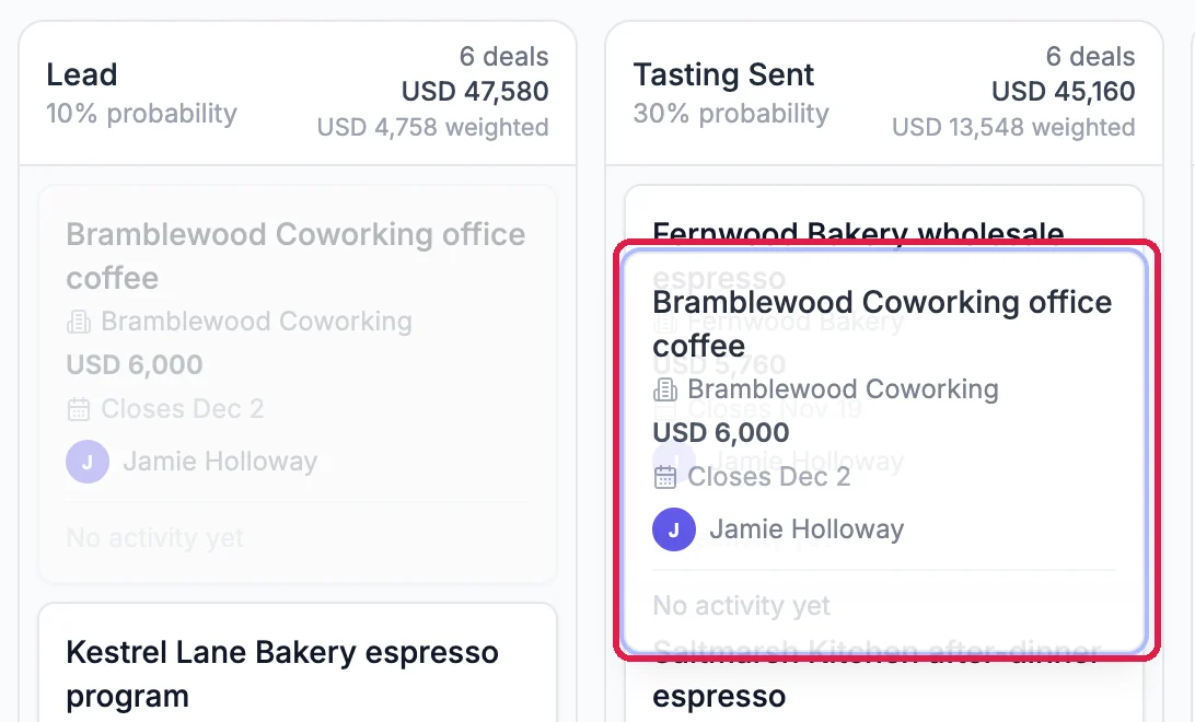 The Bramblewood Coworking office coffee card being dragged from the Lead column over the Tasting Sent column, outlined