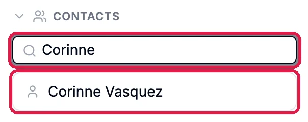 Contacts on the deal with Corinne typed in the search box, outlined, and the result Corinne Vasquez, outlined