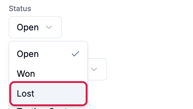 The Status list open below Open, with Open, Won and Lost, and Lost outlined