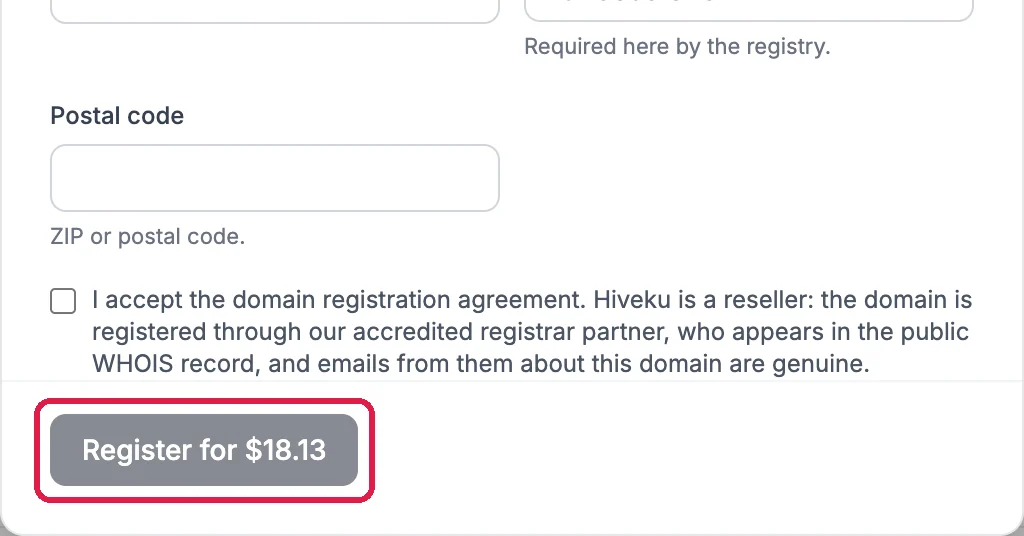 The end of the form: Postal code, the registration agreement checkbox, and Register for $18.13, outlined