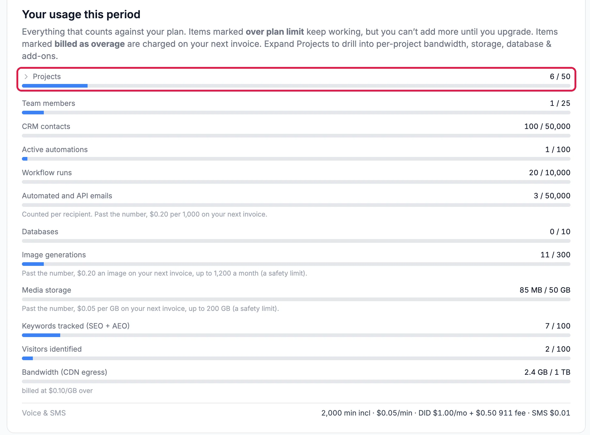 Your usage this period: Projects 6 of 50, outlined, then Team members 1 of 25, CRM contacts 100 of 50,000, Active automations, Workflow runs, Automated and API emails, Databases, Image generations, Media storage, Keywords tracked, Visitors identified, Bandwidth and Voice and SMS