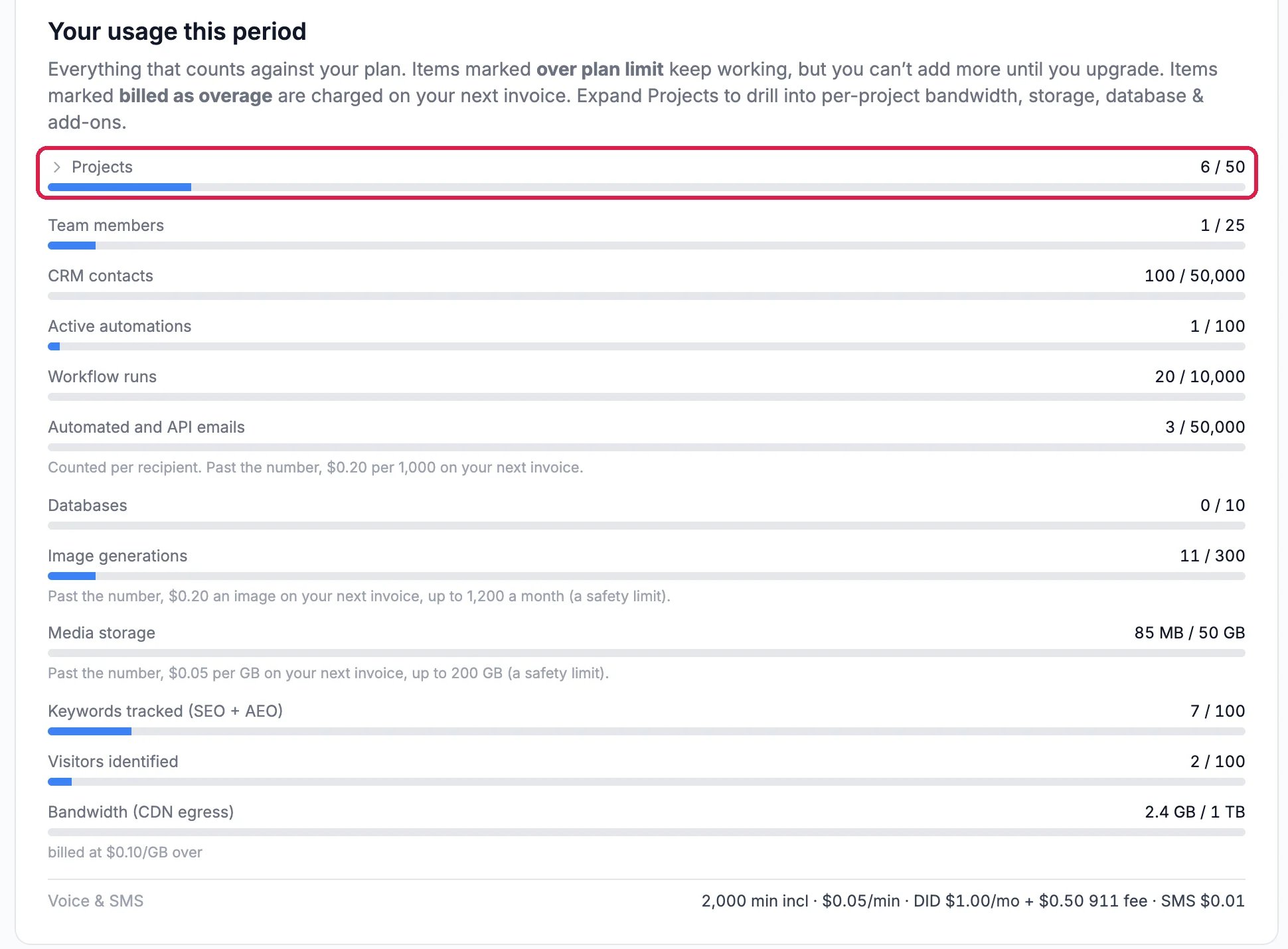 Your usage this period: Projects 6 of 50, outlined, then Team members 1 of 25, CRM contacts 100 of 50,000, Active automations, Workflow runs, Automated and API emails, Databases, Image generations, Media storage, Keywords tracked, Visitors identified, Bandwidth and Voice and SMS