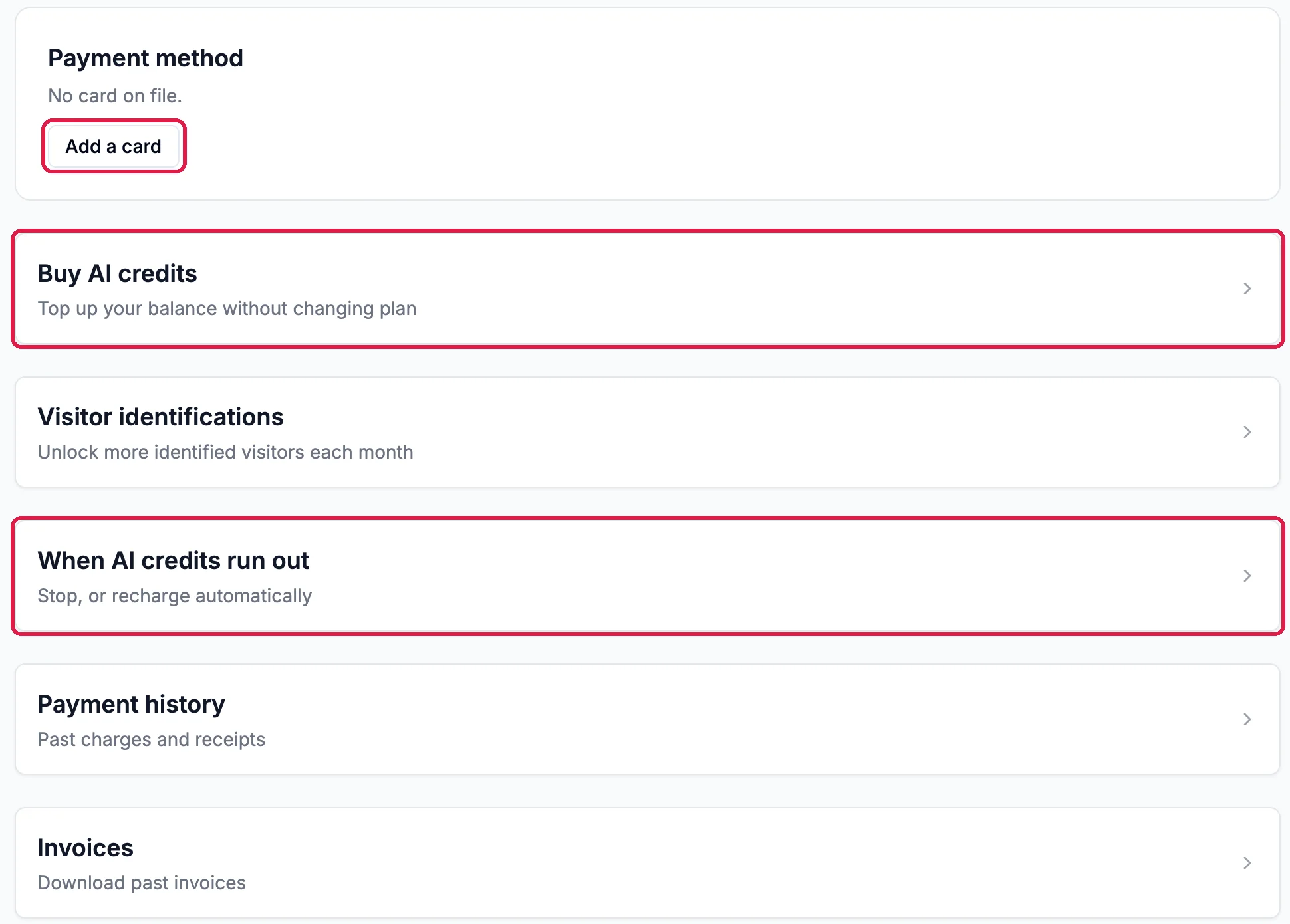 Payment method, No card on file, with Add a card outlined; Buy AI credits, Top up your balance without changing plan, outlined; Visitor identifications; When AI credits run out, Stop or recharge automatically, outlined; Payment history and Invoices