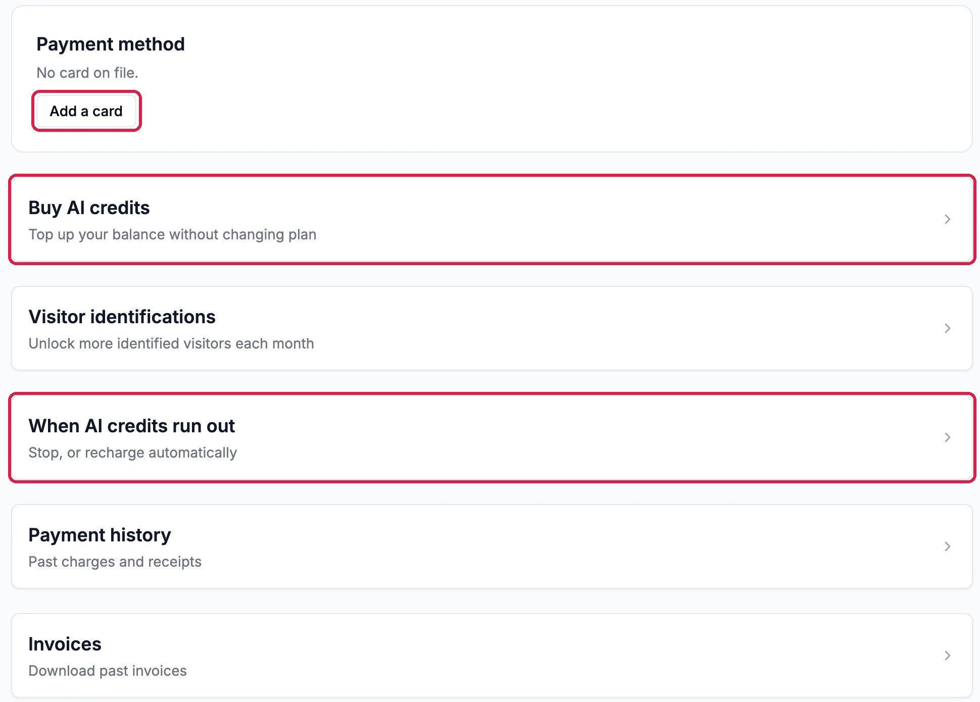 Payment method, No card on file, with Add a card outlined; Buy AI credits, Top up your balance without changing plan, outlined; Visitor identifications; When AI credits run out, Stop or recharge automatically, outlined; Payment history and Invoices