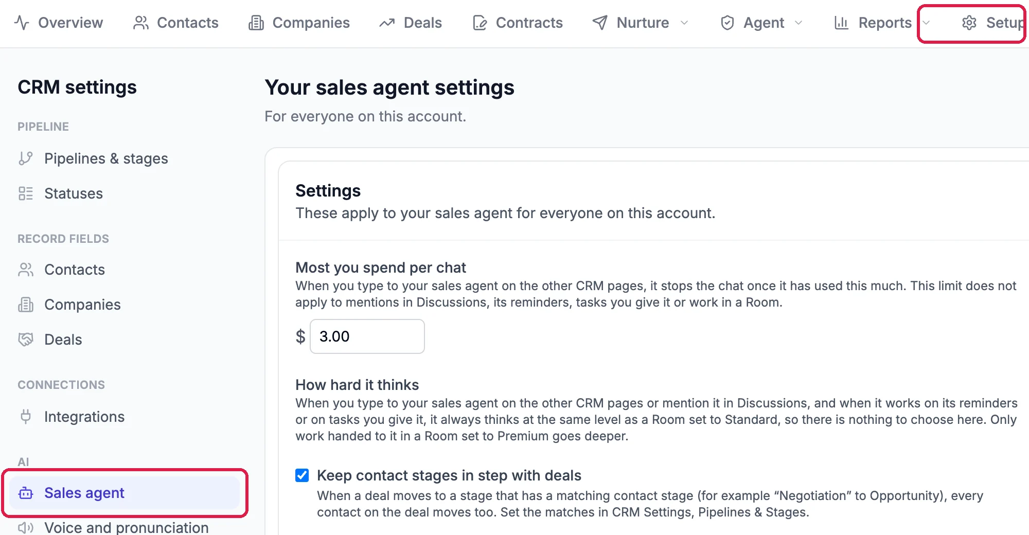 CRM settings with Sales agent under AI, outlined, and Setup at the top, outlined; the page Your sales agent settings, For everyone on this account
