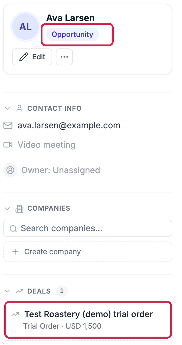 The contact Ava Larsen with the stage Opportunity, outlined, and under Deals, Test Roastery (demo) trial order, Trial Order, USD 1,500, outlined