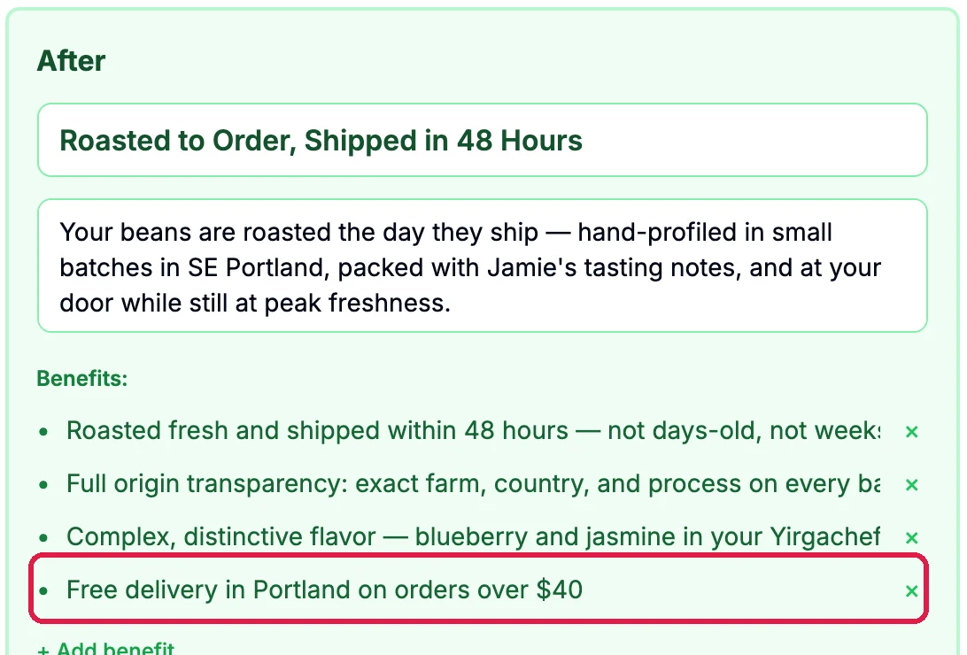 The After side's Benefits with a new fourth line, outlined: Free delivery in Portland on orders over $40