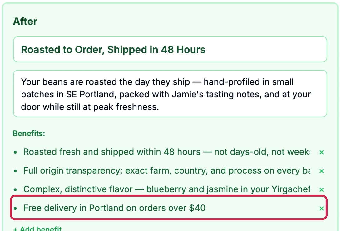 The After side's Benefits with a new fourth line, outlined: Free delivery in Portland on orders over $40