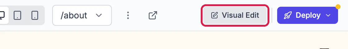 The builder toolbar with the page menu set to /about and the Visual Edit button outlined