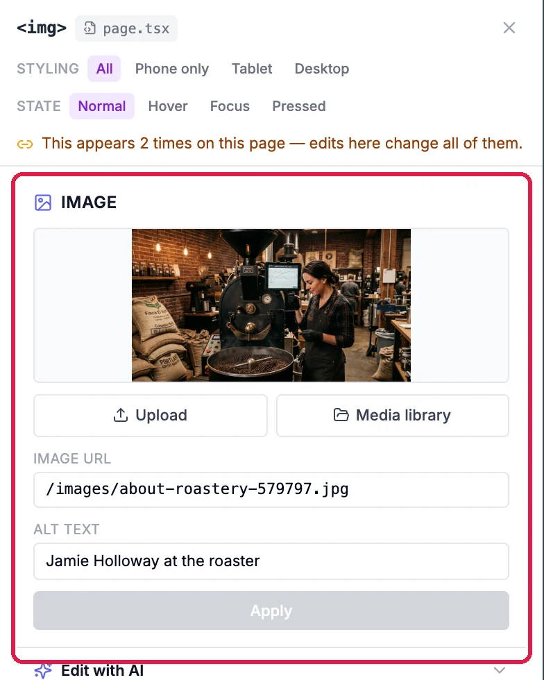 The Style inspector for the selected img, with the Image section outlined: a preview of the roastery photo, the Upload and Media library buttons, the Image URL and the Alt text Jamie Holloway at the roaster