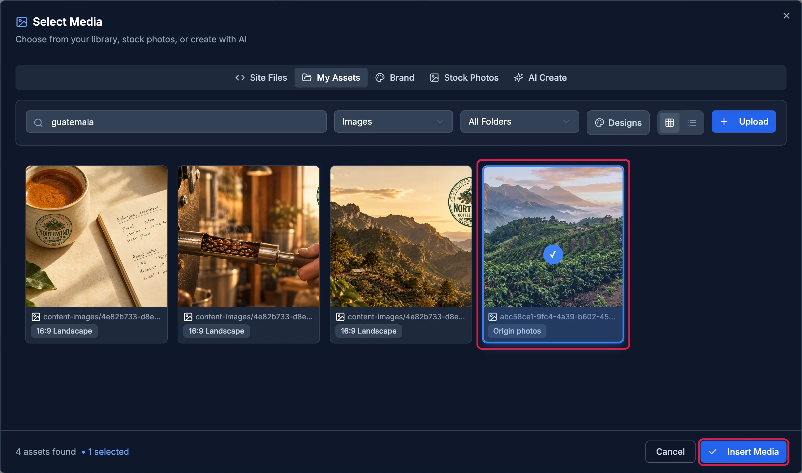 The Select Media box on My Assets with the search guatemala, the terraced coffee farm photo from the Origin photos folder selected, and Insert Media outlined