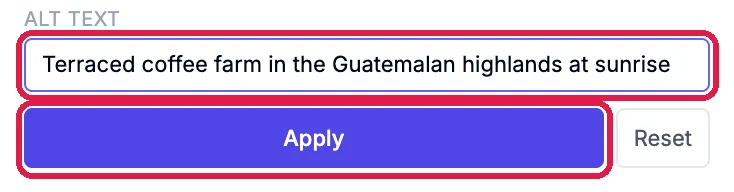 The Alt text box reading Terraced coffee farm in the Guatemalan highlands at sunrise, with the Alt text box and the Apply button outlined